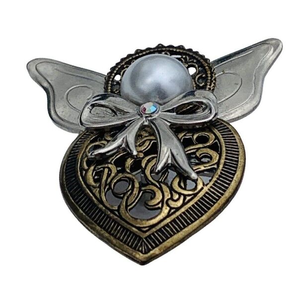 Vintage Silver Gold Tone Faux White Pearl Rhinestone Paisley Heart Angel Brooch - Picture 2 of 6